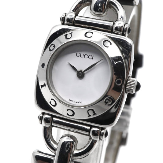 【美品/電池交換済/新品ベルト(社外品)】グッチ GUCCI 6300L レディース腕時計 クオーツ スクエアケース シルバー ホワイト文字盤 ブラックレザーベルト ホースビットデザイン クラシック エレガント ドレスウォッチ SWISS MADE G2