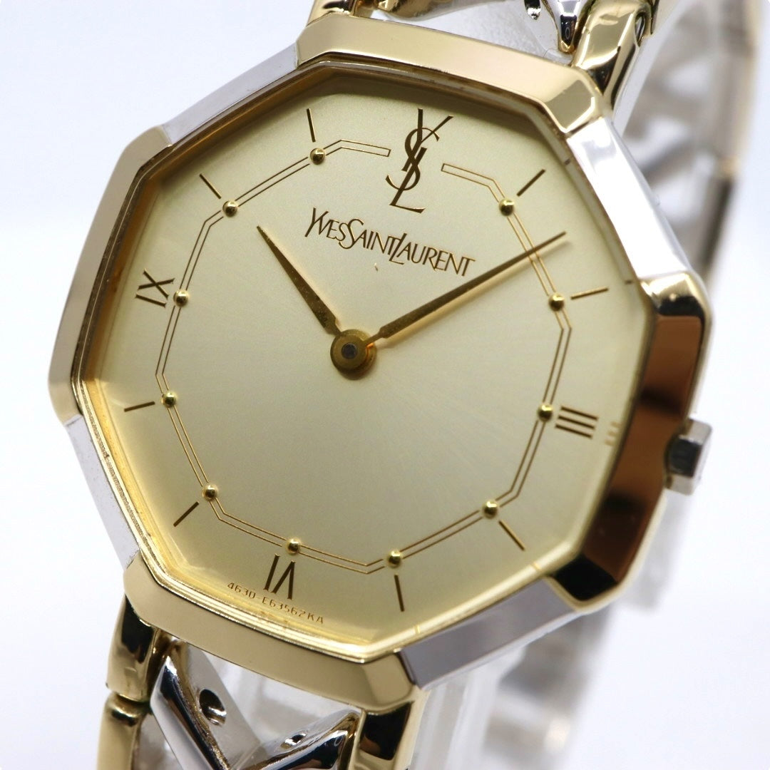 【新品同様/電池交換済】イヴサンローラン YSL 腕時計 4620-E62143 レディース クオーツ アナログ オクタゴン 八角形 ゴールド文字盤 コンビブレス ヴィンテージ クラシック エレガント ドレスウォッチ クリーニング済 G2