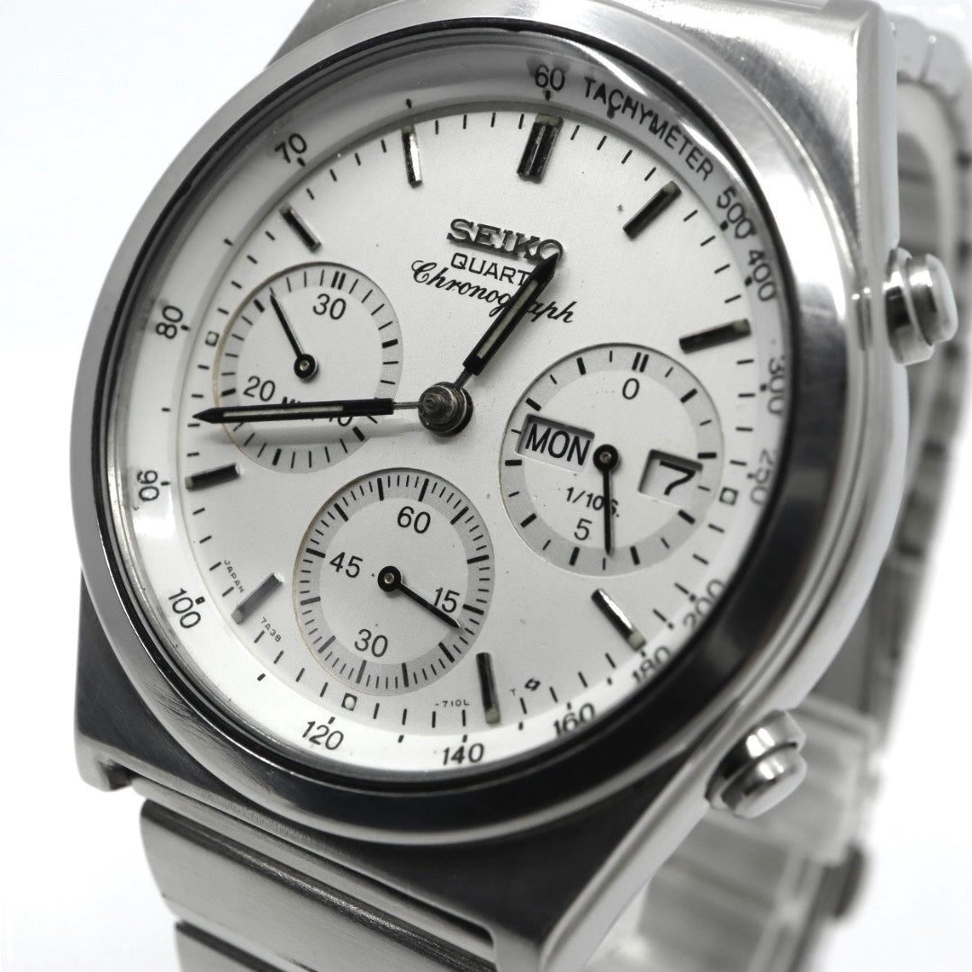 【美品/稼働品/電池交換済】セイコー SEIKO クロノグラフ 7A38-7280 メンズ腕時計 クオーツ アナログ デイデイト タキメーター ホワイト文字盤 シルバー ヴィンテージ 80年代 レトロ クリーニング済 G2