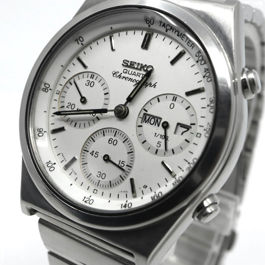 【美品/稼働品/電池交換済】セイコー SEIKO クロノグラフ 7A38-7280 メンズ腕時計 クオーツ アナログ デイデイト タキメーター ホワイト文字盤 シルバー ヴィンテージ 80年代 レトロ クリーニング済 G2