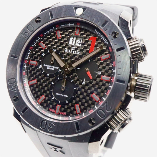【新品同様/稼働品】エドックス EDOX クロノオフショア1 10020 メンズ腕時計 クオーツ クロノグラフ ビッグデイト カーボンダイヤル ブラック 300m防水 ダイバーズウォッチ パワーボート スイス製 スポーティ エレガント G7
