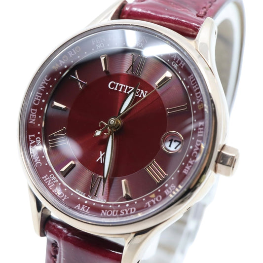 【美品】シチズン xC クロスシー 腕時計 エコドライブ電波時計 H246 チタン ローズゴールド レッド サンバースト レザーベルト レディース G4
