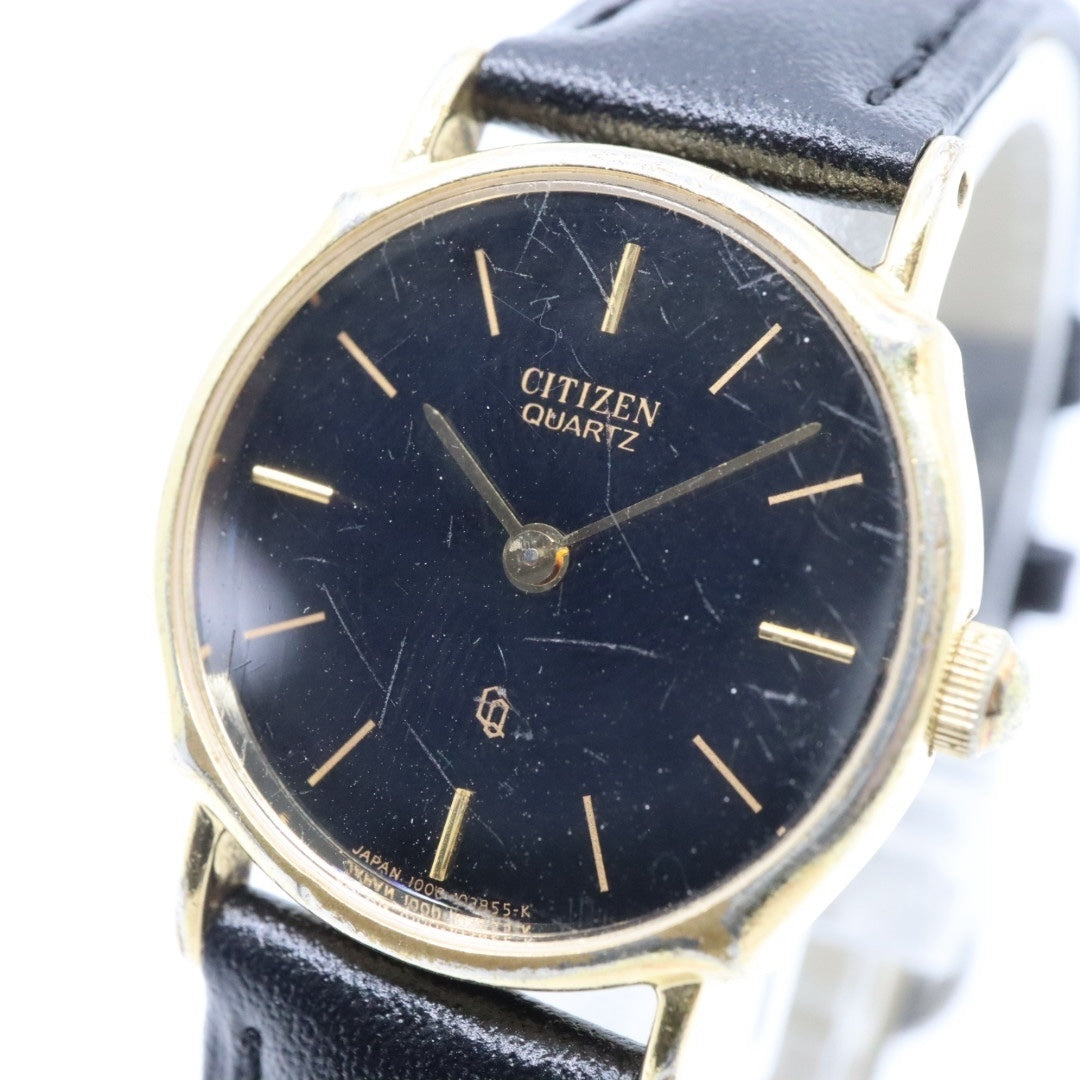 citizen シチズン クオーツ 腕時計 4-102321Y ゴールド ブラック文字盤 ラウンドケース レザーベルト レディース ヴィンテージ
