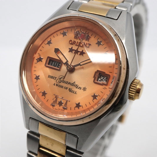【美品】 ORIENT オリエント ガーディアン 自動巻き 腕時計 NQ1V-U0 オレンジ ゴールド ツートン ステンレススチール レディース G8
