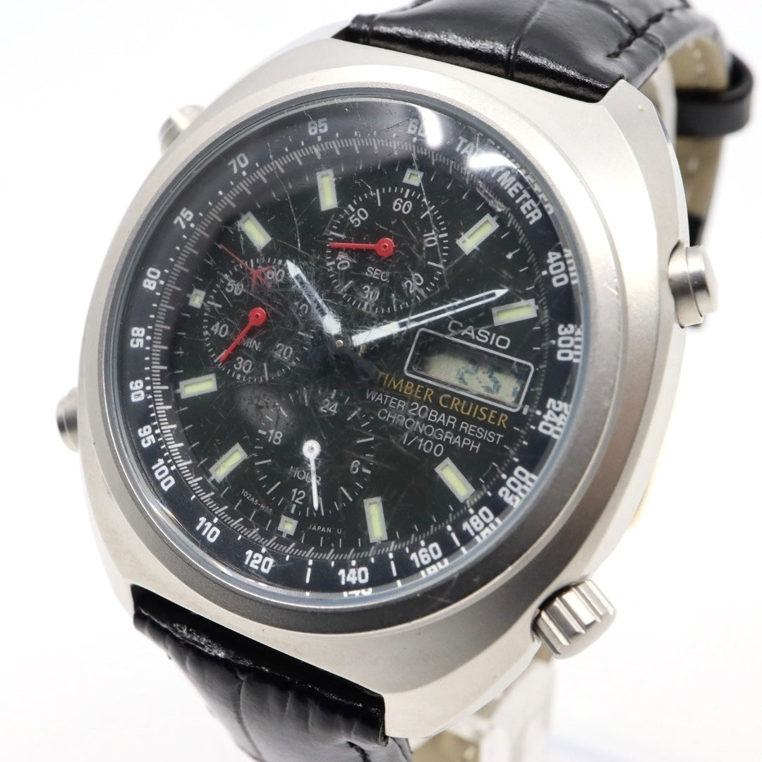 【稼働品】カシオ ティンバークルーザー TIC-100 腕時計 メンズ アナデジ クロノグラフ 20気圧防水 クオーツ ステンレス レザーベルト ブラック 黒文字盤 シルバー ヴィンテージ 希少 レトロ アウトドア G9