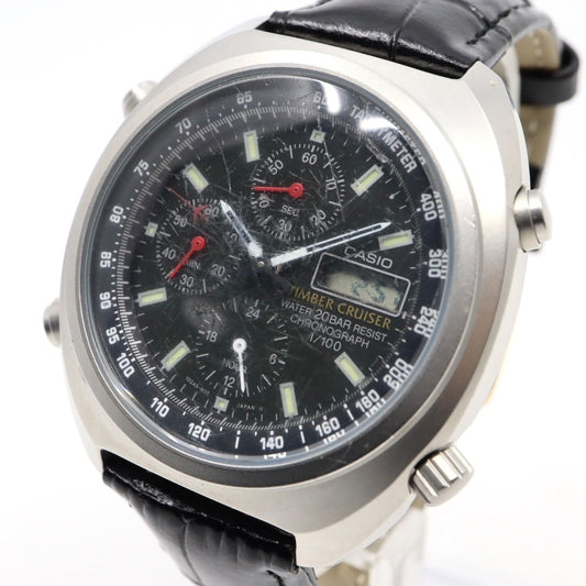 【稼働品】カシオ ティンバークルーザー TIC-100 腕時計 メンズ アナデジ クロノグラフ 20気圧防水 クオーツ ステンレス レザーベルト ブラック 黒文字盤 シルバー ヴィンテージ 希少 レトロ アウトドア G9