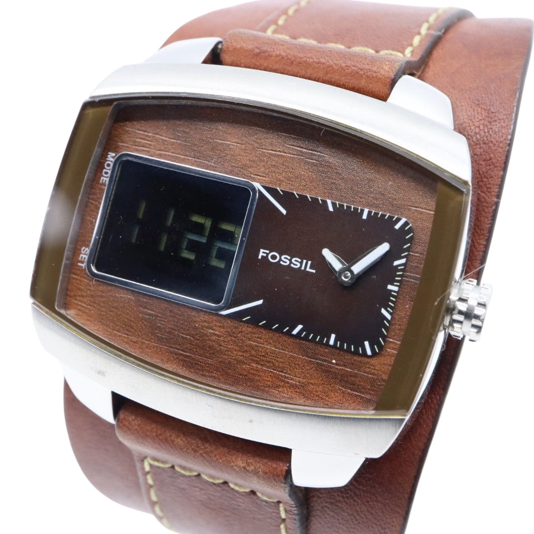 【美品/稼働品】フォッシル 腕時計 JR-9633 アナデジ ウッド調文字盤 カフレザー ワイドベルト ブラウン シルバー メンズ クオーツ ヴィンテージ レトロ 個性的 デザインウォッチ ストリート カジュアル G9