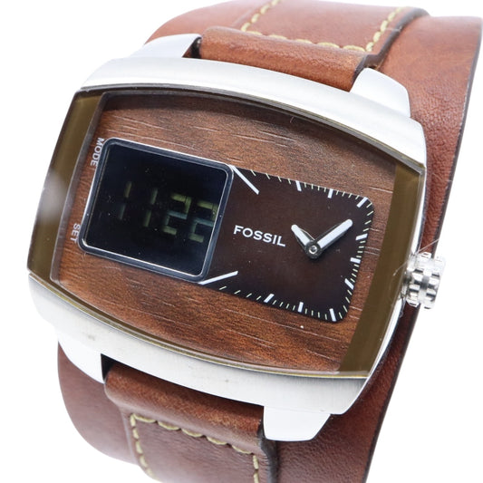 【美品/稼働品】フォッシル 腕時計 JR-9633 アナデジ ウッド調文字盤 カフレザー ワイドベルト ブラウン シルバー メンズ クオーツ ヴィンテージ レトロ 個性的 デザインウォッチ ストリート カジュアル G9