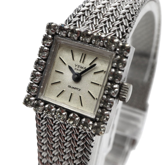 【美品/電池交換済】イエマ YEMA 腕時計 P7307 レディース スクエア ラインストーンベゼル クオーツ シルバー メッシュベルト ブレスレット ジュエリーウォッチ ドレスウォッチ アンティーク ビンテージ クラシック エレガント G10