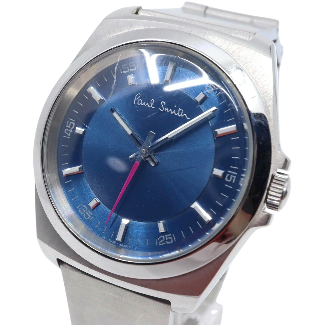 ポールスミス クローズドアイズ 腕時計 メンズ クォーツ ブルー文字盤 シルバー ステンレス シンプル ビジネス ドレスウォッチ アナログ 電池交換済み 稼働品 上品 フォーマル オフィス スタイリッシュ 銀 青 洗練 定番 人気モデル 10気圧防水 G10