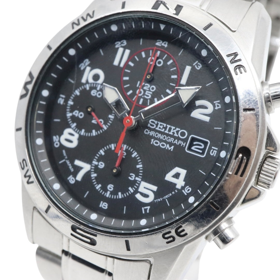 【美品/電池交換済】セイコー クロノグラフ 7T92-0DX0 腕時計 メンズ 100M防水 クオーツ ステンレス ブラック文字盤 シルバー アナログ デイト表示 方位計 スポーツウォッチ ビジネス カジュアル ファッション G10