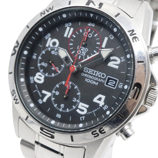 【美品/電池交換済】セイコー クロノグラフ 7T92-0DX0 腕時計 メンズ 100M防水 クオーツ ステンレス ブラック文字盤 シルバー アナログ デイト表示 方位計 スポーツウォッチ ビジネス カジュアル ファッション G10