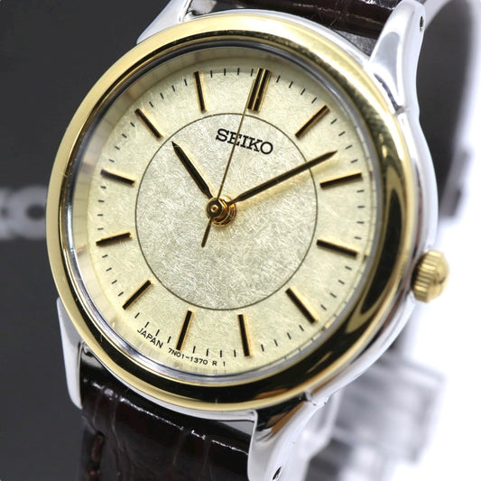 SEIKO セイコー 7N01-6881 ゴールドトーン ベゼル テクスチャー文字盤 クォーツ レディース ステンレス レザーベルト 上品 エレガント ウォッチ G11