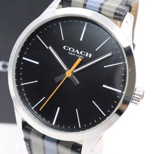 【美品】コーチ COACH 腕時計 メンズ チャールズ Charles ブラック シルバー マルチカラー ストライプ レザー CA.118.2.112.1537 クォーツ アナログ 3針 ビジネス カジュアル シンプル 個性的 希少 ビッグフェイス G11