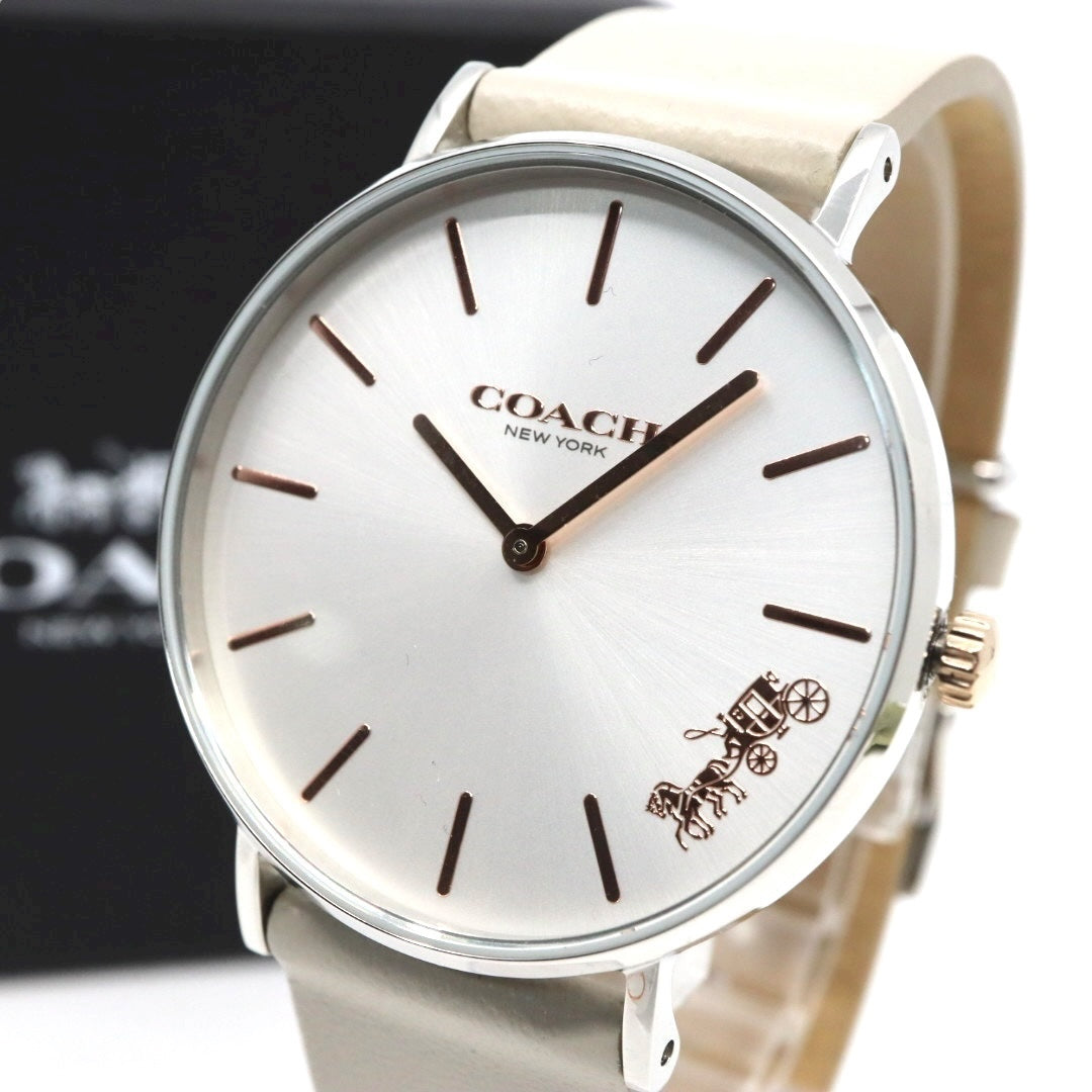 【未使用級】コーチ COACH 腕時計 レディース ペリー Perry シルバー グレージュ レザー CA.120.7.1594 クォーツ アナログ 2針 シンプル オフィス ビジネス 通勤 通学 エレガント 上品 クラシック 大人 馬車ロゴ 美品 G11