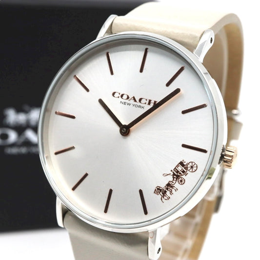 【未使用級】コーチ COACH 腕時計 レディース ペリー Perry シルバー グレージュ レザー CA.120.7.1594 クォーツ アナログ 2針 シンプル オフィス ビジネス 通勤 通学 エレガント 上品 クラシック 大人 馬車ロゴ 美品 G11