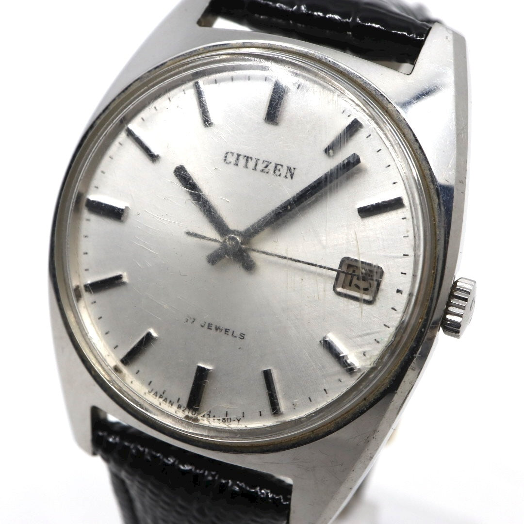 【美品】CITIZEN 手巻き 17JEWELS ヴィンテージ デイト付き メンズ 腕時計 シルバー文字盤 クラシックデザイン シチズン G11