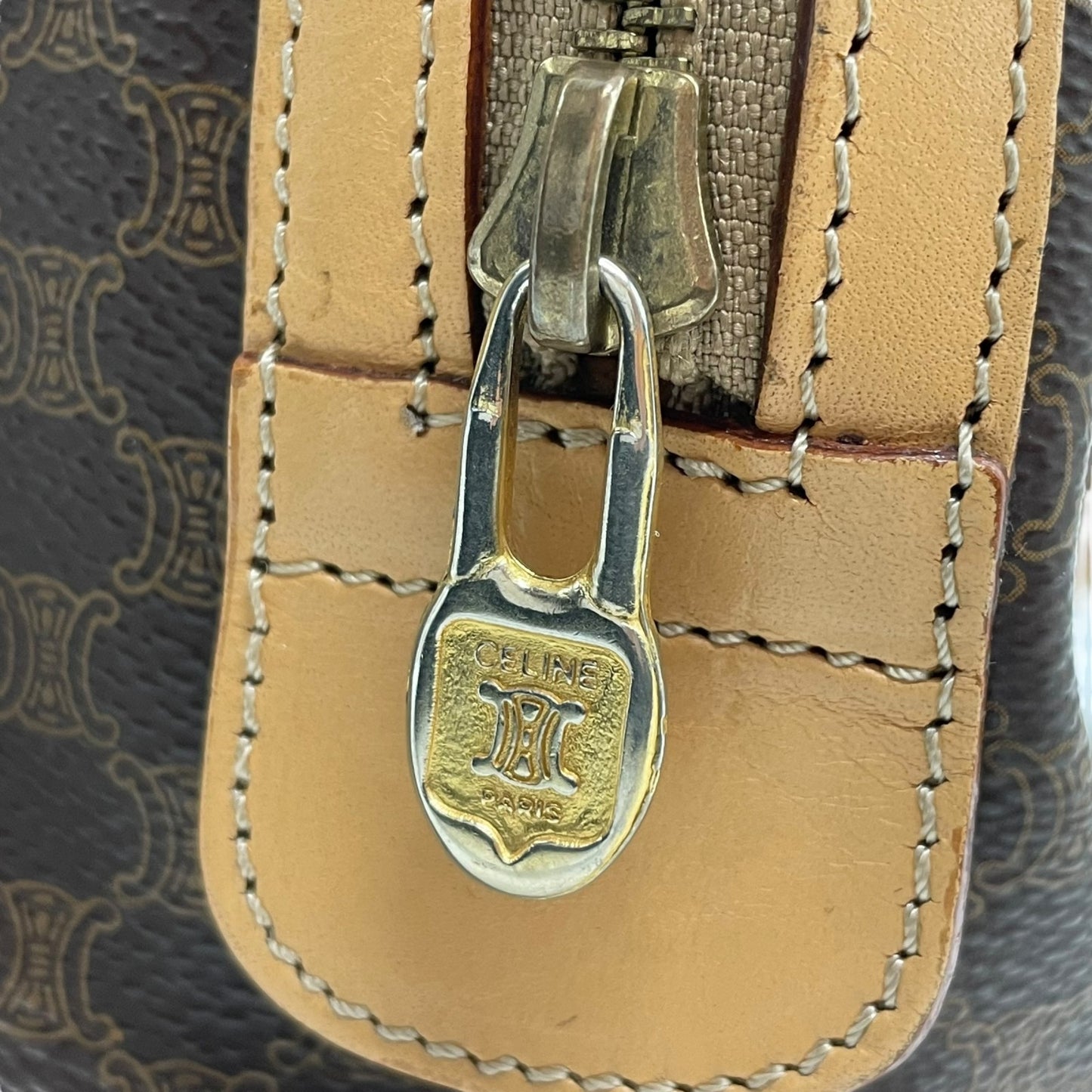 Authentic CELINE Trionf Monogram 2WAY Handbag Mini Boston Bag Shoulder Bag Leather Brown Gold Hardware Zipper Crossbody Women's