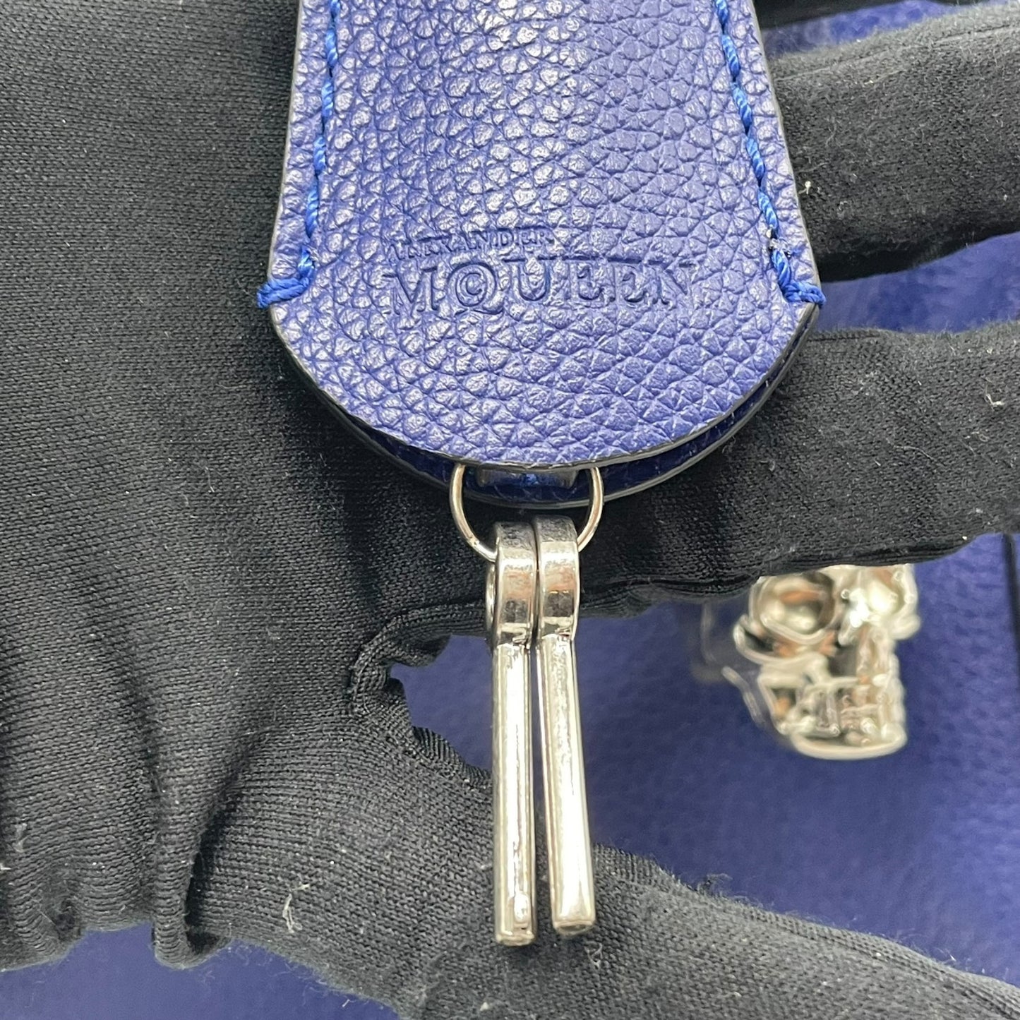 Authentic ALEXANDER McQUEEN 2WAY Handbag Shoulder Bag Skull Padlock Blue Leather Women's Crossbody