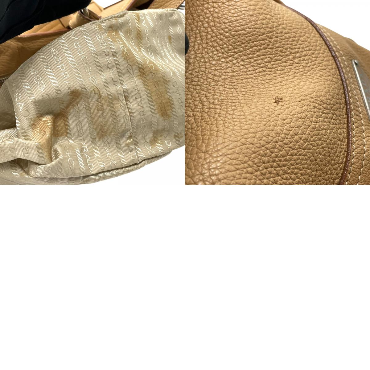 PRADA プラダ ワンショルダーバッグ ライトブラウン ベージュ レザー シボ革 トライアングルロゴ ベルトデザイン シルバー金具 C4