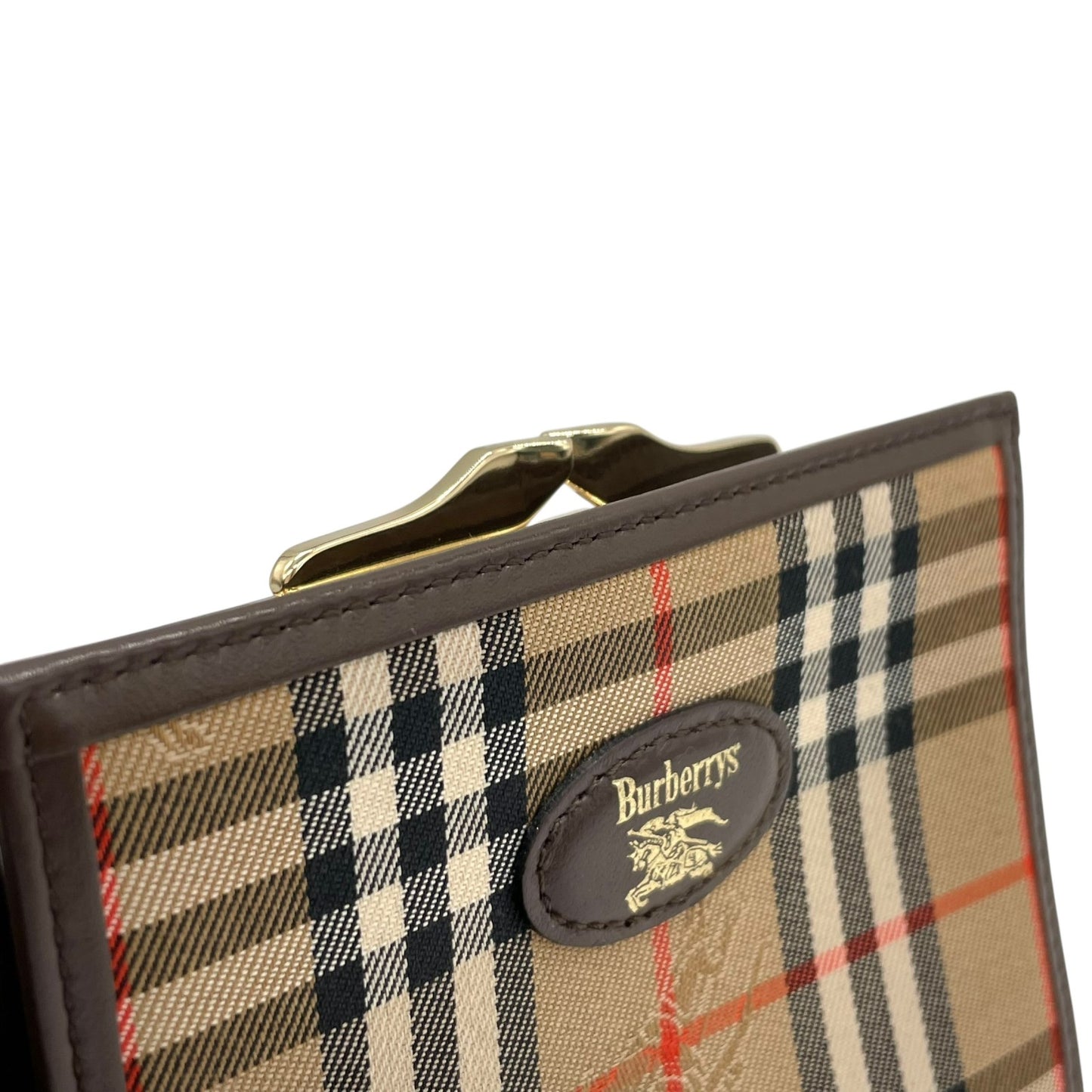 未使用級 Burberry バーバリー ノバチェック シャドーホース 二つ折り財布 がま口 ブラウン ベージュ キャンバス レザー ゴールド金具 ホースロゴ レディース ヴィンテージ M5