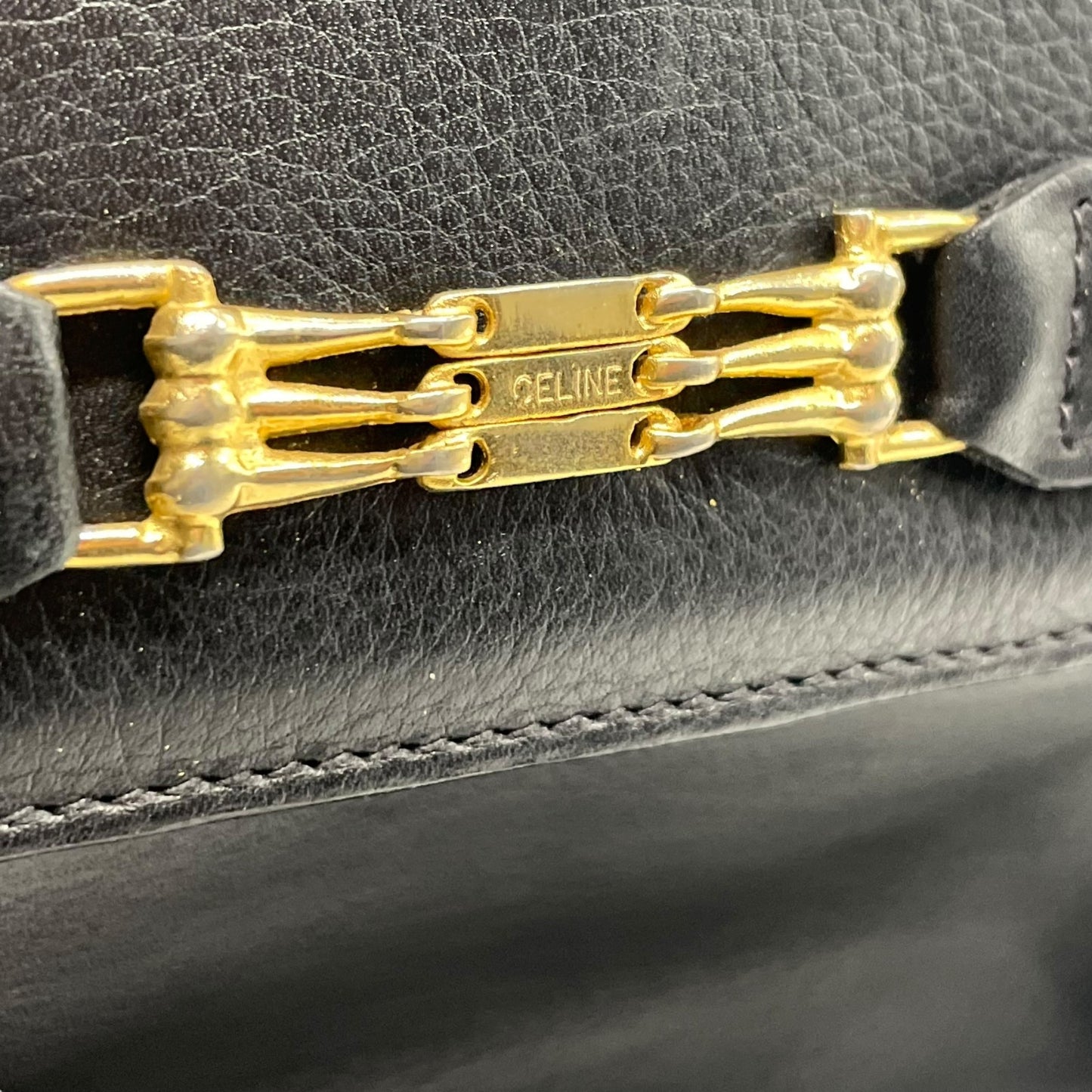 Authentic CELINE Black Leather Vintage Retro Handbag Gold Hardware Belt Design Old Celine Women Formal Bag