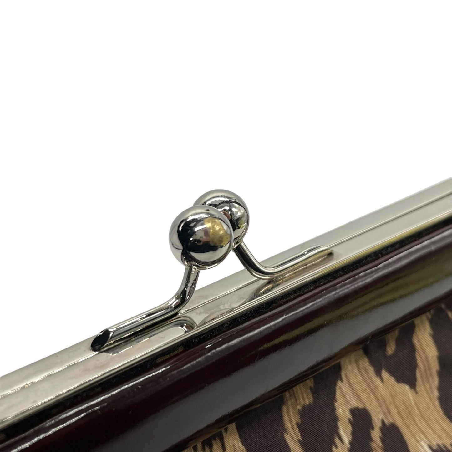 美品 DOLCE&GABBANA ドルチェ＆ガッパーナ ハンドバッグ レオパード ヒョウ柄 茶 ブラウン ナイロン パテントレザー シルバー金具 がま口 レディース C3