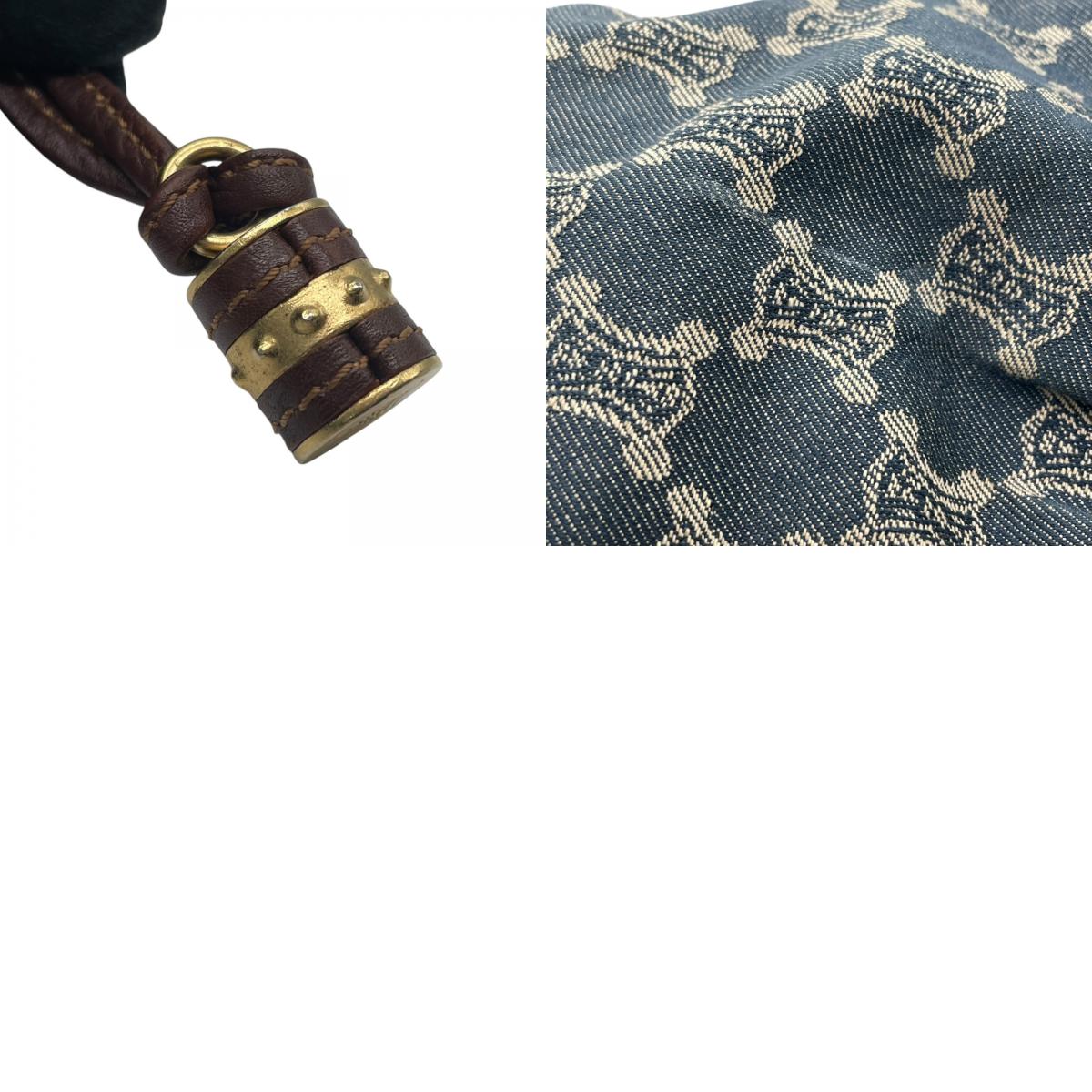 Authentic CELINE Pari Macadam Triomphe Denim Leather Handbag Brown Hardware