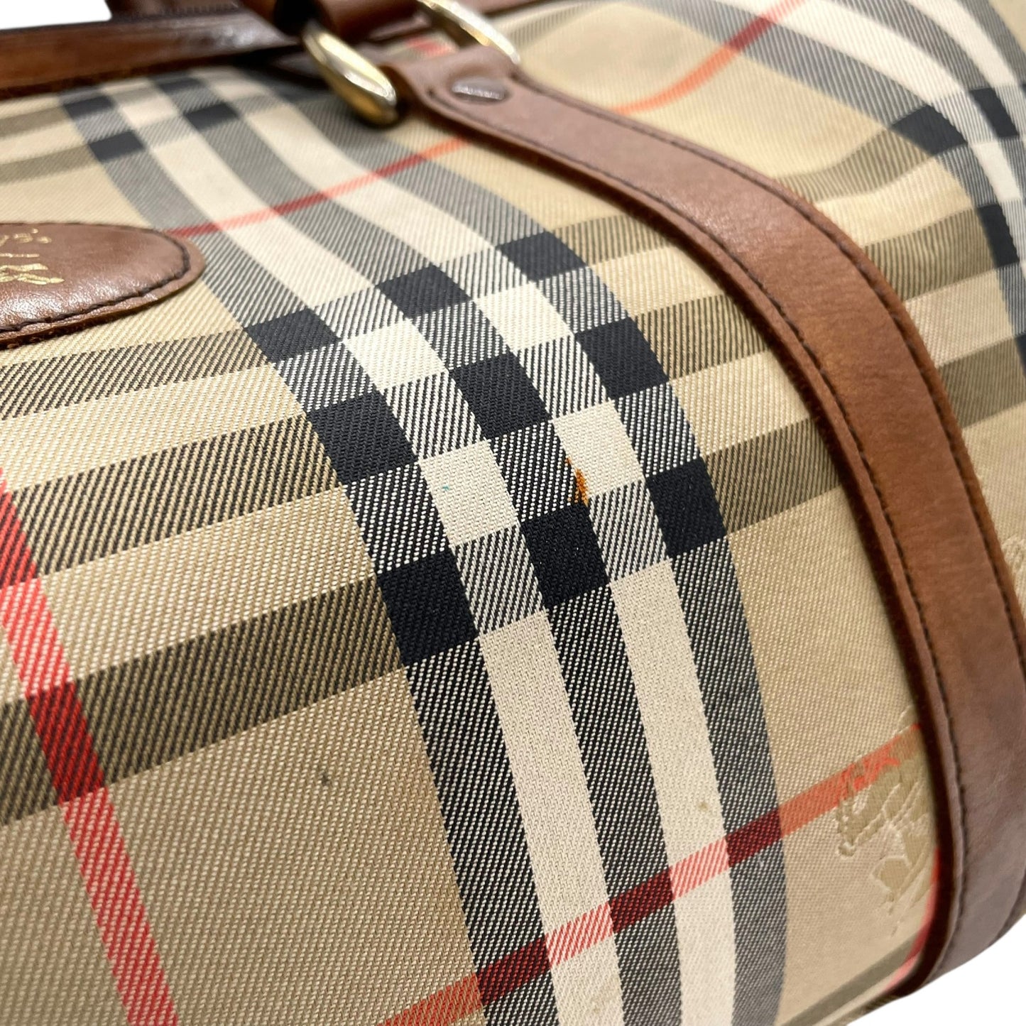 美品 BURBERRY バーバリー ボストンバッグ ノバチェック ホースロゴ シャドーホース ブラウン ベージュ キャンバス レザー ゴールド金具 メンズ レディース C