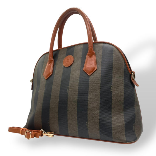 フェンディ FENDI ペカン柄 ボストンバッグ PVC レザー 茶色 カーキ ブラウン ストライプ ハンドバッグ ヴィンテージ B