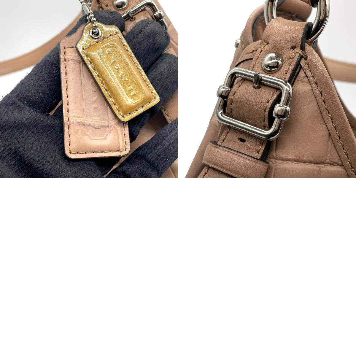 コーチ COACH ショルダーバッグ クロコ型押しレザー ベージュ シルバー金具 ホーボー トート T3