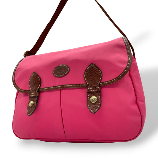 ロンシャン LONGCHAMP ナイロン ショルダーバッグ ピンク ブラウン 茶色 レザー ツインポケット メッセンジャーバッグ ゴールド金具 レディース U2