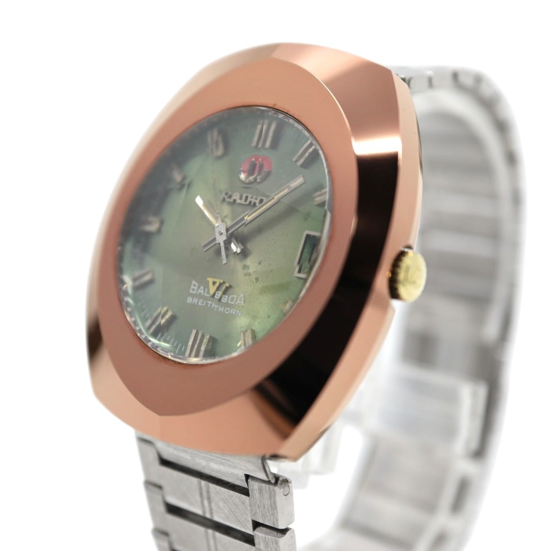 美品　ラドー　バルボア　腕時計　緑文字盤　カットガラス　ヴィンテージ　BREITHORN　ラウンド　自動巻　RADO　BALBOA　ブライトホルン　超硬ケース　アナログ　メンズ G4