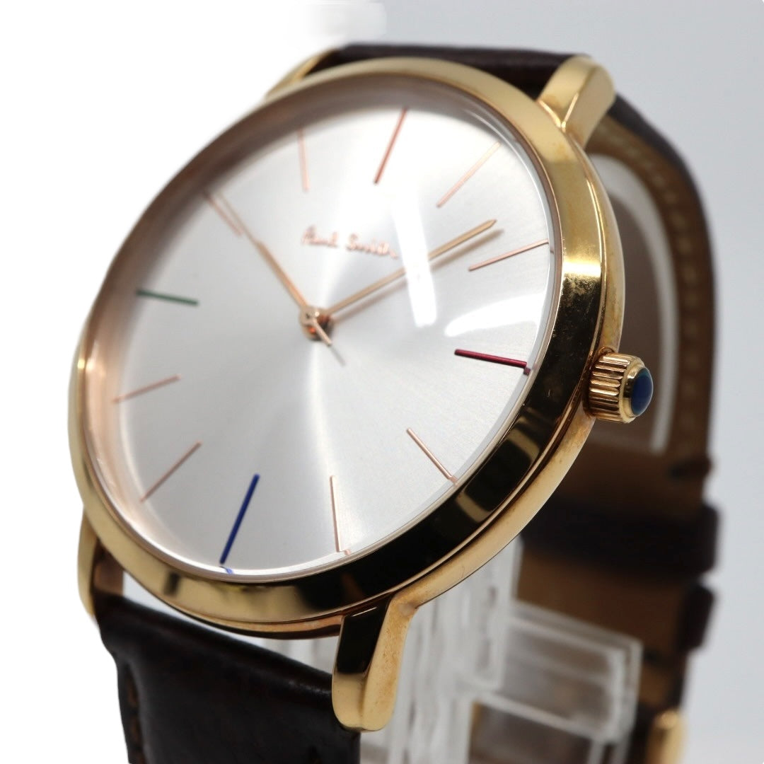 【美品】ポールスミス 腕時計 The City Slim 1005 メンズ クオーツ アナログ シルバーダイヤル ブラウンレザーベルト ゴールドケース シンプル クラシック ビジネス ドレスウォッチ エレガント 薄型 クリーニング済み G2