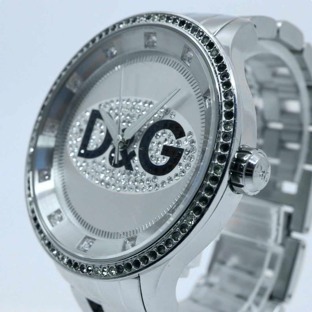 【電池交換済】D&G ドルチェ＆ガッバーナ 腕時計 ラインストーン D&Gロゴ メンズ レディース ユニセックス クオーツ アナログ シルバー ブレスレットウォッチ ドレスウォッチ ゴージャス エレガント ラグジュアリー クリーニング済み G2
