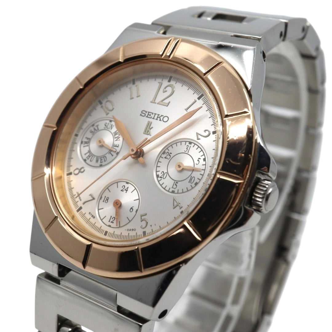 美品 【電池交換済】セイコー ルキア 腕時計 5Y89-0B30 レディース クオーツ デイデイト カレンダー 24時間計 シルバー ピンクゴールド コンビカラー ビジネス フォーマル ドレスウォッチ エレガント 上品 オフィス 日本製 クリーニング済み G2