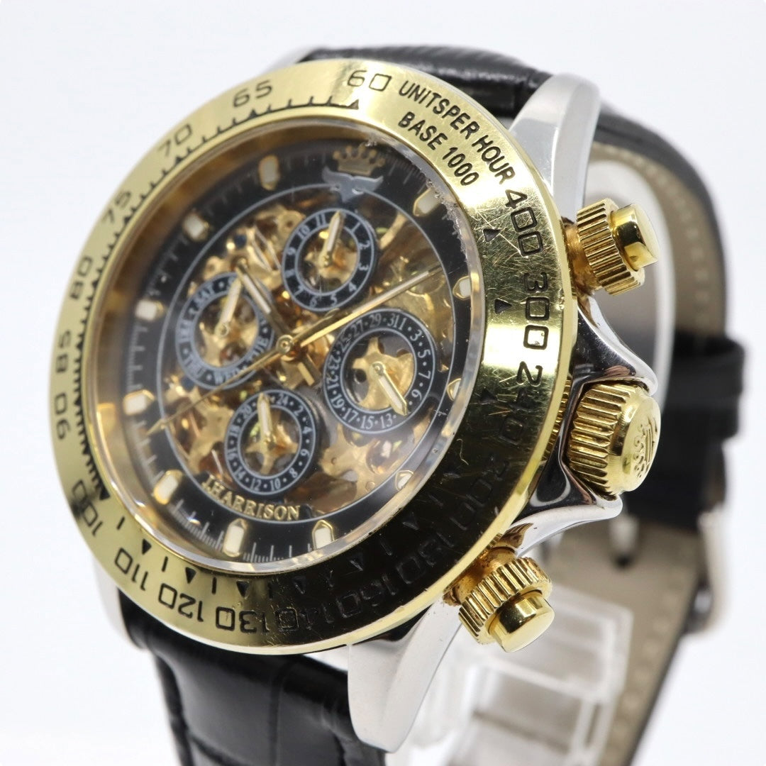 【極美品】ジョン・ハリソン J.Harrison 腕時計 JH-003C スケルトン 自動巻き ゴールド ブラック メンズ レザーベルト アナログ タキメーターベゼル シースルーバック クラシック ゴージャスデザイン G2