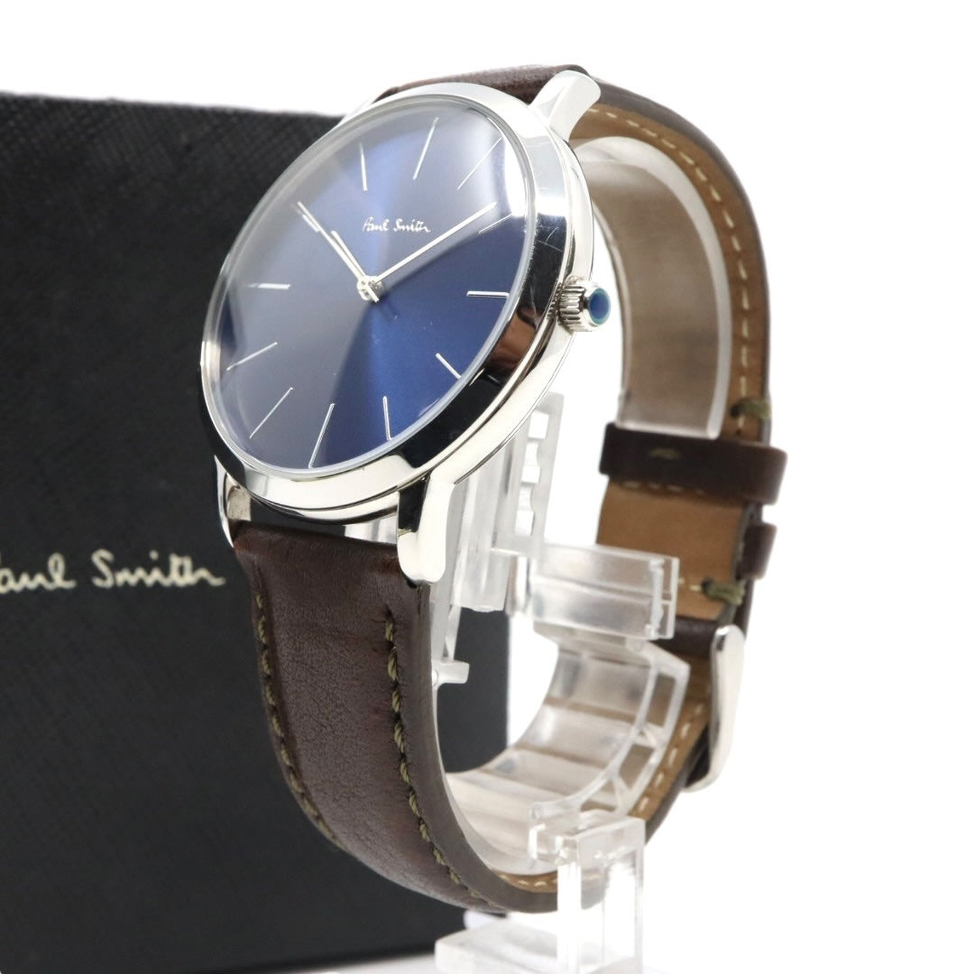 美品 【電池交換済】ポールスミス Paul Smith 腕時計 The City 1009 メンズ クオーツ アナログ ブルーダイヤル ブラウンレザーベルト シルバーケース シンプル クラシック ビジネス ドレスウォッチ エレガント クリーニング済み G2