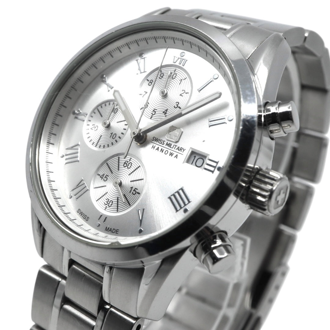 【電池交換済】スイスミリタリー ハノワ 腕時計 06-5219 クロノグラフ メンズ クオーツ シルバー文字盤 デイト表示 アナログ ローマンインデックス ビジネス カジュアル スポーツ エレガント スイス製 クリーニング済み G3