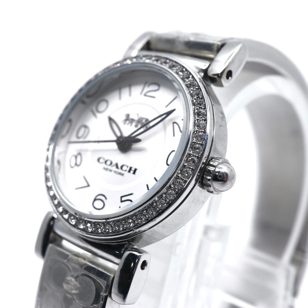 美品 電池交換済 コーチ COACH 腕時計 CA.66.7.95.1489S レディースウォッチ クォーツ ラインストーンベゼル シルバー ホワイト文字盤 シグネチャー柄ブレスレット アナログ エレガント クラシック ドレスウォッチ 稼働品 G3