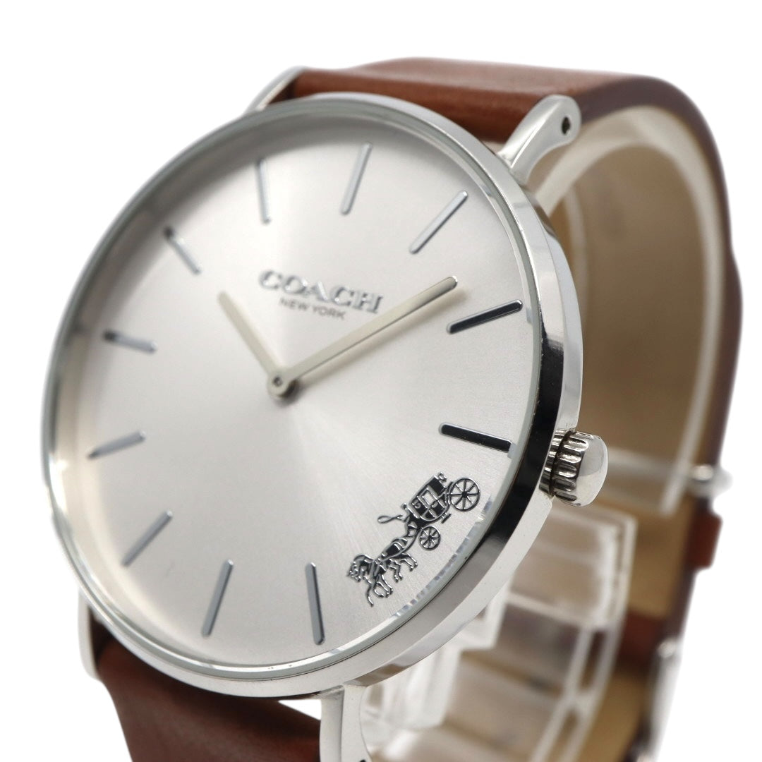 未使用級 美品 電池交換済 コーチ COACH ペリー PERRY 腕時計 CA.120.7.14.1596 レディースウォッチ クォーツ シルバー文字盤 ブラウン レザーベルト アナログ シンプル エレガント クラシック ビジネス 普段使い 稼働品 G3