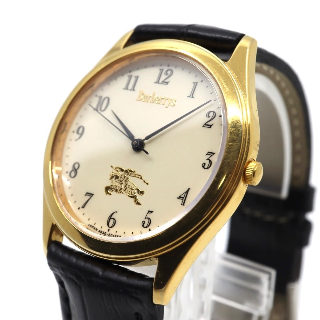 【美品 電池交換済 新品ベルト】バーバリー Burberrys 腕時計 4631-E66076 TA メンズウォッチ クォーツ ゴールドケース アイボリー文字盤 ブラックレザー アナログ クラシック ビンテージ ドレスウォッチ エレガント 稼働品 G3