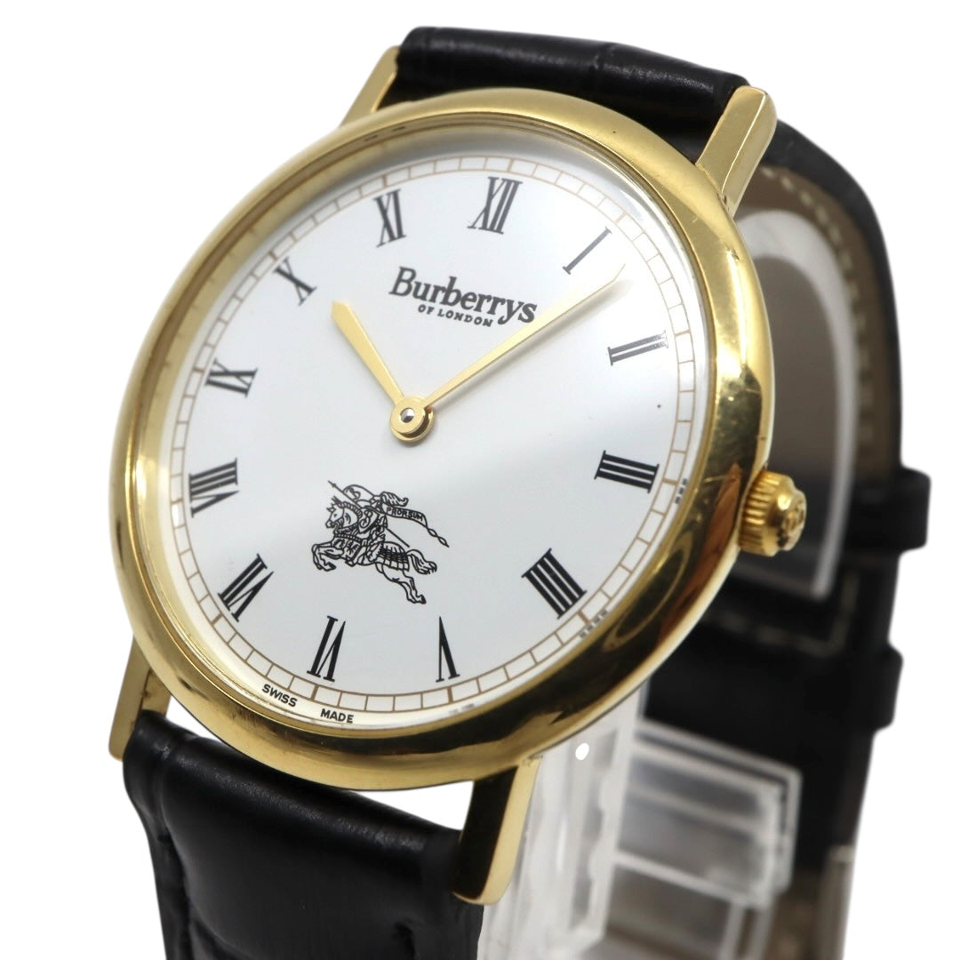 美品 電池交換済 新品ベルト バーバリー Burberrys 6000G 腕時計 メンズウォッチ クォーツ ゴールド ホワイト文字盤 ローマンインデックス ホースロゴ クラシック ヴィンテージ エレガント ドレスウォッチ 稼働品 G3
