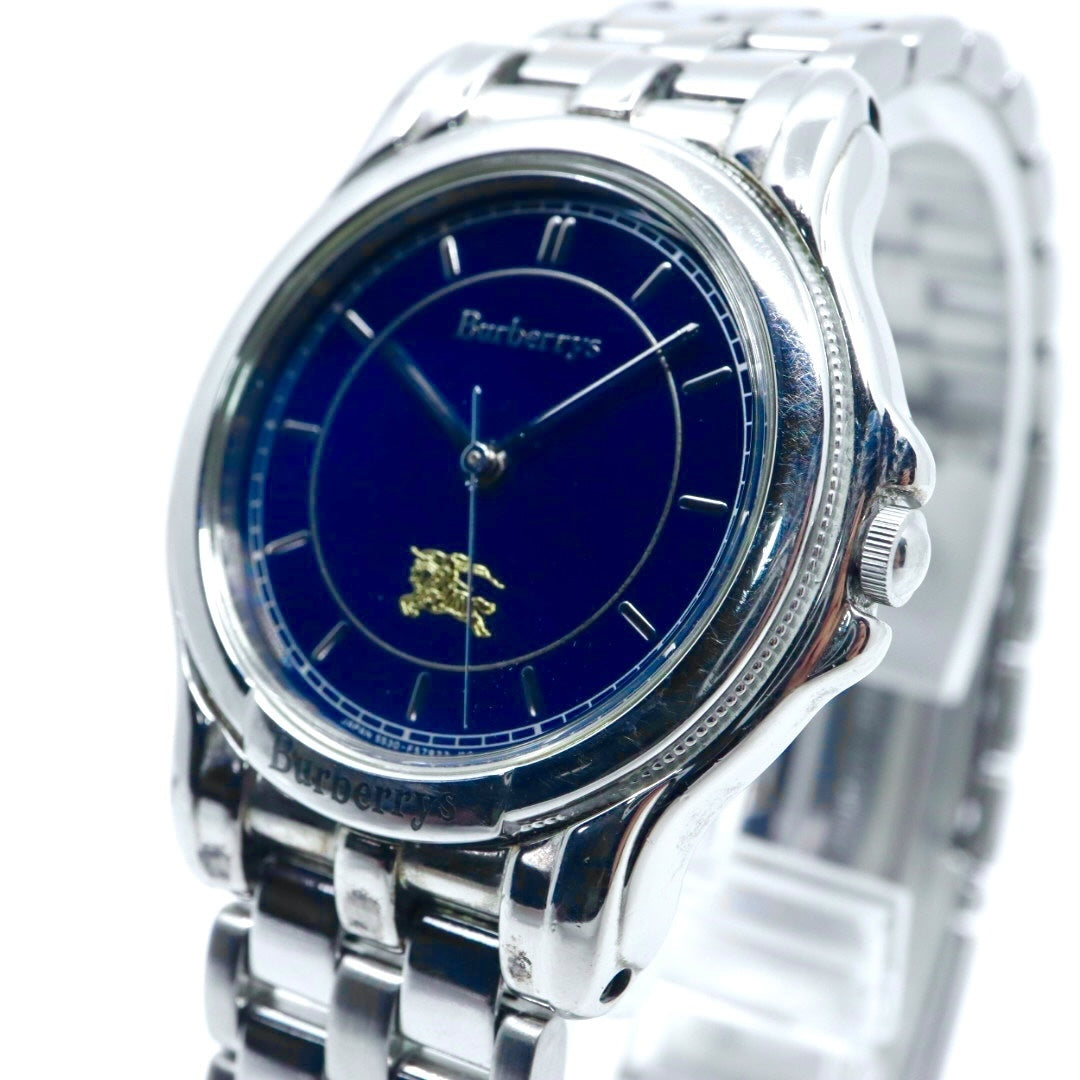 美品 電池交換済 クリーニング済 バーバリー Burberrys 腕時計 5530-F52339 メンズウォッチ クォーツ ネイビー文字盤 シルバー ステンレススチール ホースロゴ クラシック ヴィンテージ エレガント ドレスウォッチ ビジネス 稼働品 G3