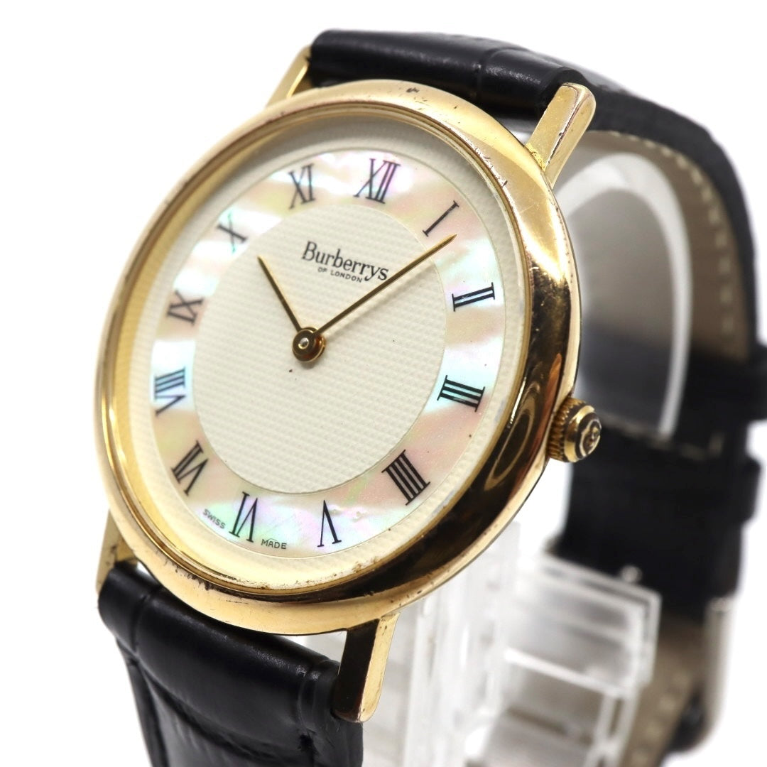 美品 電池交換済 新品ベルト バーバリー Burberrys 6000G 腕時計 メンズウォッチ クォーツ ゴールド シェル文字盤 アイボリー ローマンインデックス クラシック ヴィンテージ エレガント ドレスウォッチ 稼働品 G3