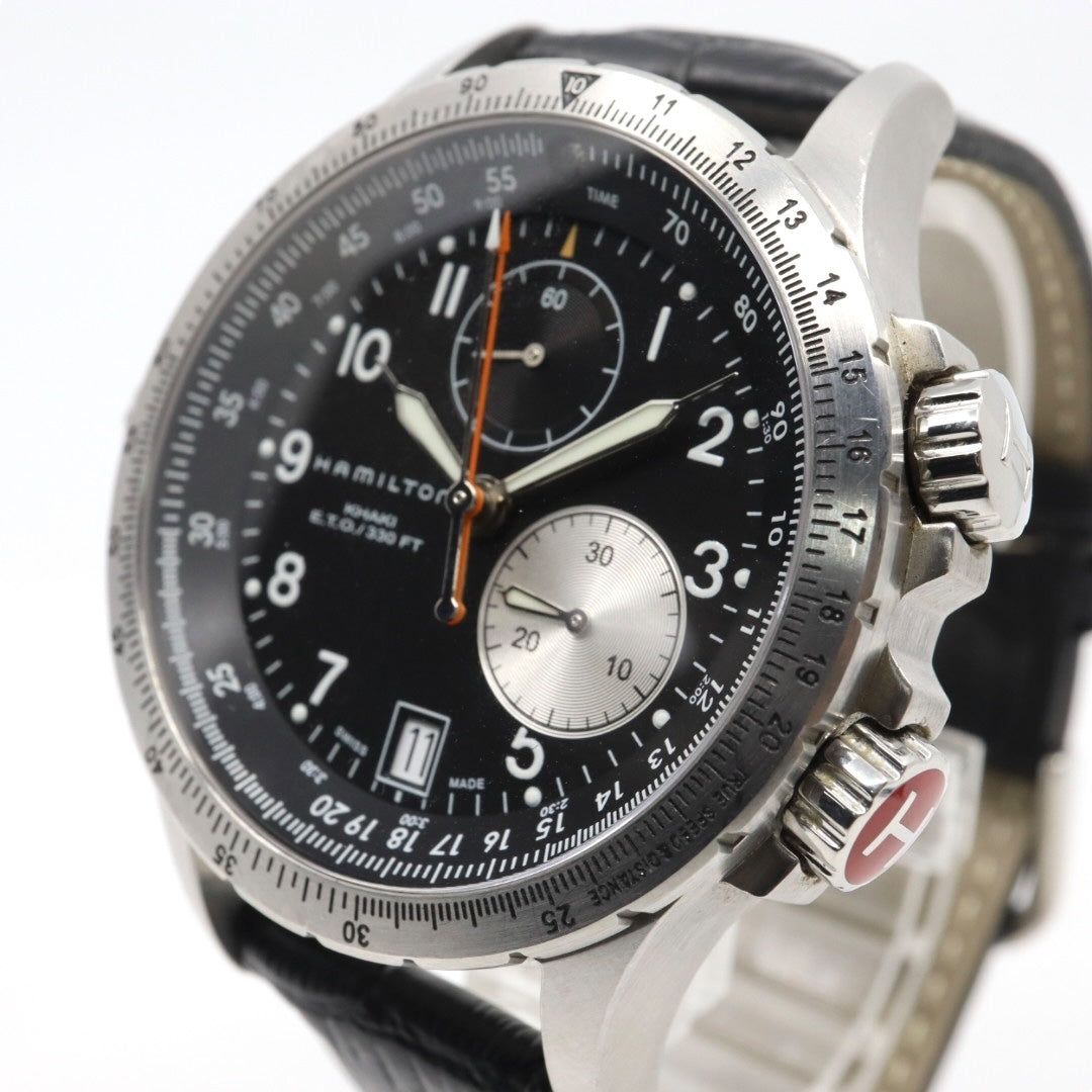 極美品 電池交換済 ハミルトン HAMILTON Estimate Time Over　カーキ E.T.O. H776120 腕時計 メンズ クロノグラフ クォーツ 黒文字盤 レザー アナログ アビエーション パイロットウォッチ スイス製 G3