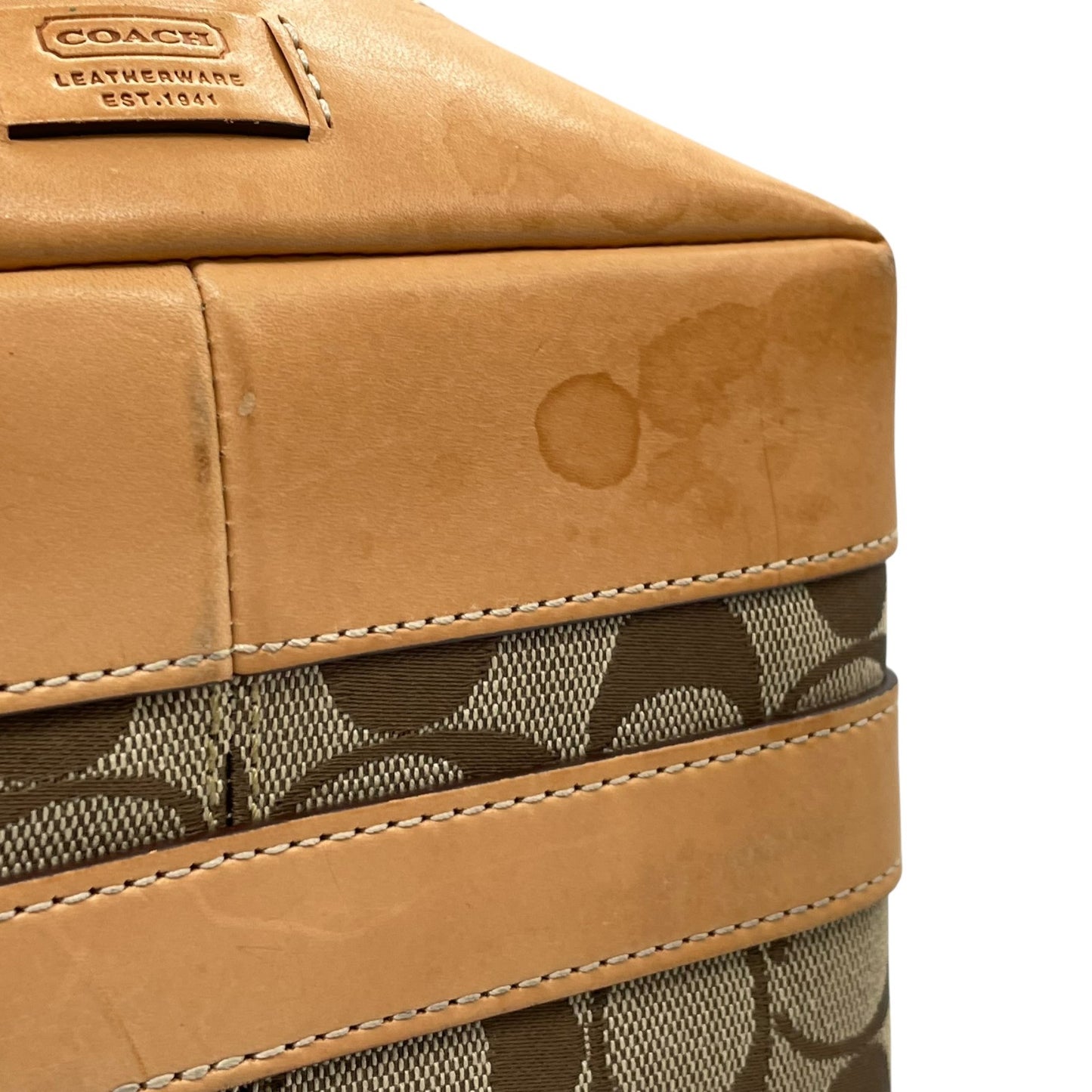 COACH コーチ シグネチャー キャンバス トートバッグ レザー 茶 ブラウン ベージュ シルバー金具 肩掛け可 ファスナー開閉 レディース S11