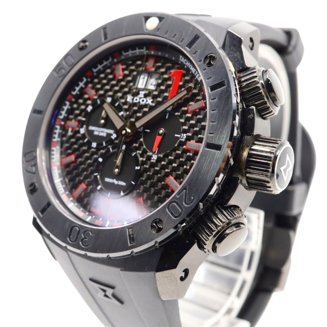【新品同様/稼働品】エドックス EDOX クロノオフショア1 10020 メンズ腕時計 クオーツ クロノグラフ ビッグデイト カーボンダイヤル ブラック 300m防水 ダイバーズウォッチ パワーボート スイス製 スポーティ エレガント G7