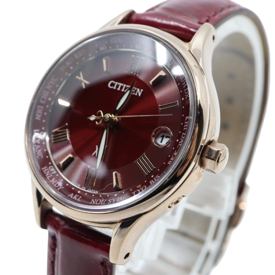 【美品】シチズン xC クロスシー 腕時計 エコドライブ電波時計 H246 チタン ローズゴールド レッド サンバースト レザーベルト レディース G4