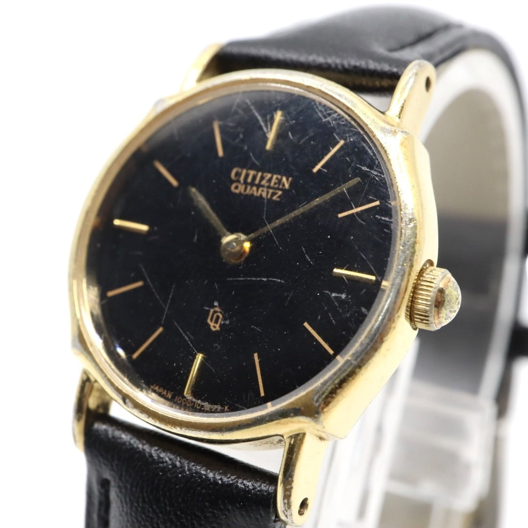 citizen シチズン クオーツ 腕時計 4-102321Y ゴールド ブラック文字盤 ラウンドケース レザーベルト レディース ヴィンテージ